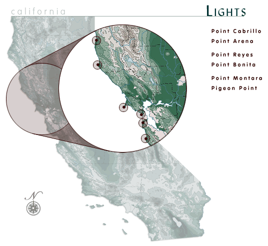 Map of California showing six lighthouses